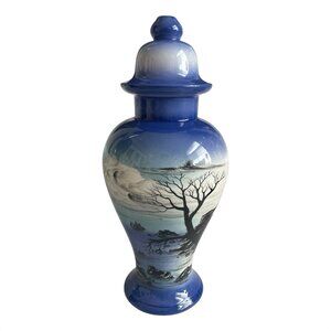 Vintage G.L. Hooton Signed Blue White Lighthouse Seascape Ceramic Decor 16" Tall